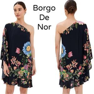 Borgo De Nor Blue Pink Asymmetrical One-Shoulder Sundress Sz 4US NWOT